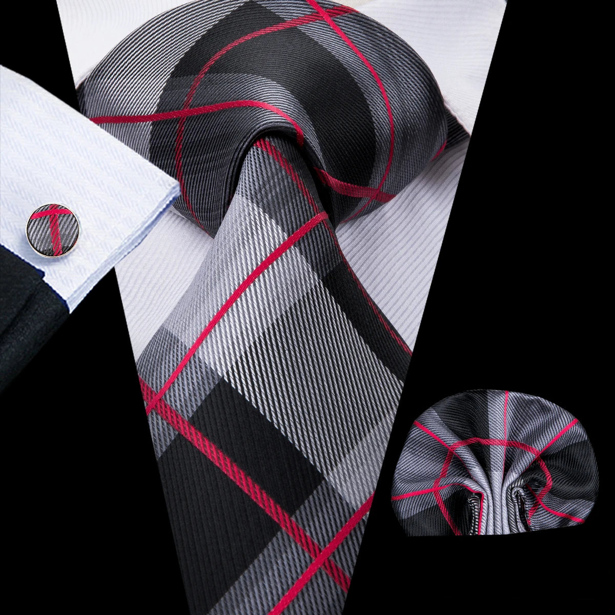 Gray Red Silk Wedding Tie Cufflink Set Fashion Designer Necktie
