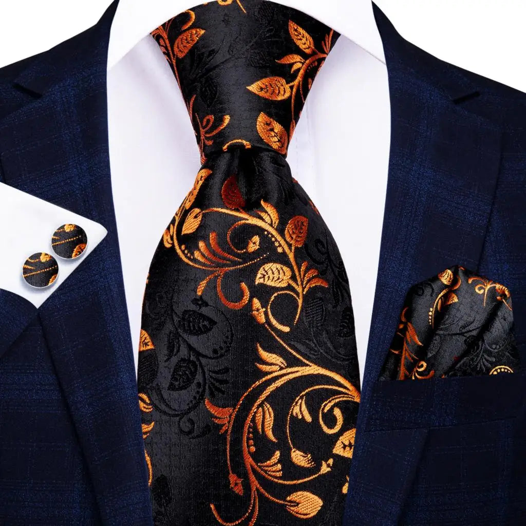 Gold Black Silk Wedding Tie Cufflink Set Fashion Designer Necktie