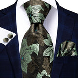 Brown Green Silk Wedding Tie Cufflink Set Fashion Designer Necktie