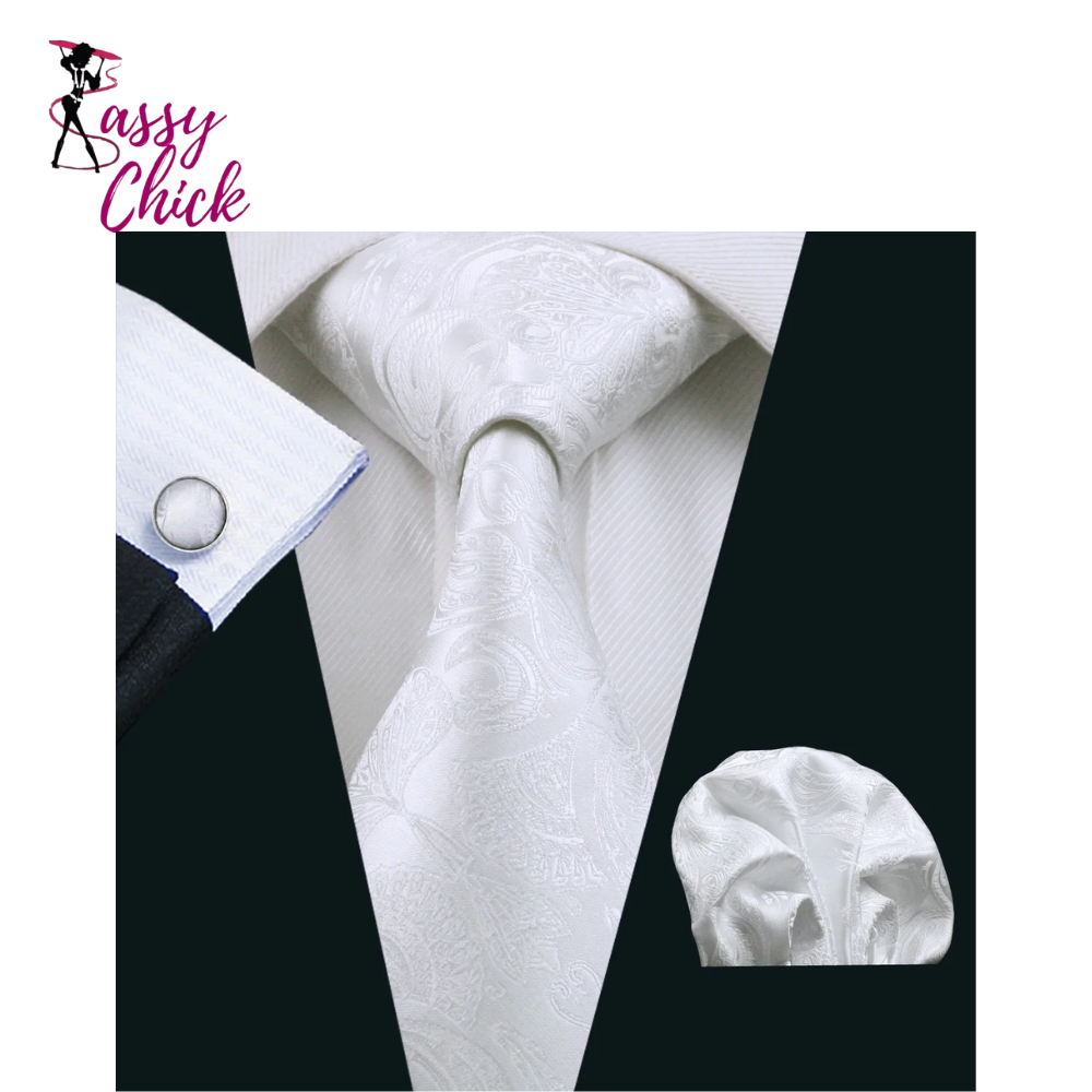 Silk White Men's Wedding Paisley Hanky Tie Sassy Chick Logo