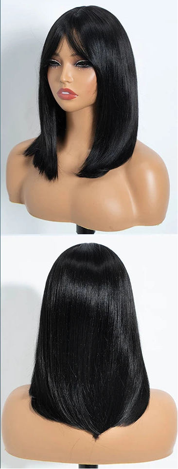 Black Silky Straight Bob Synthetic Wigs with Bangs