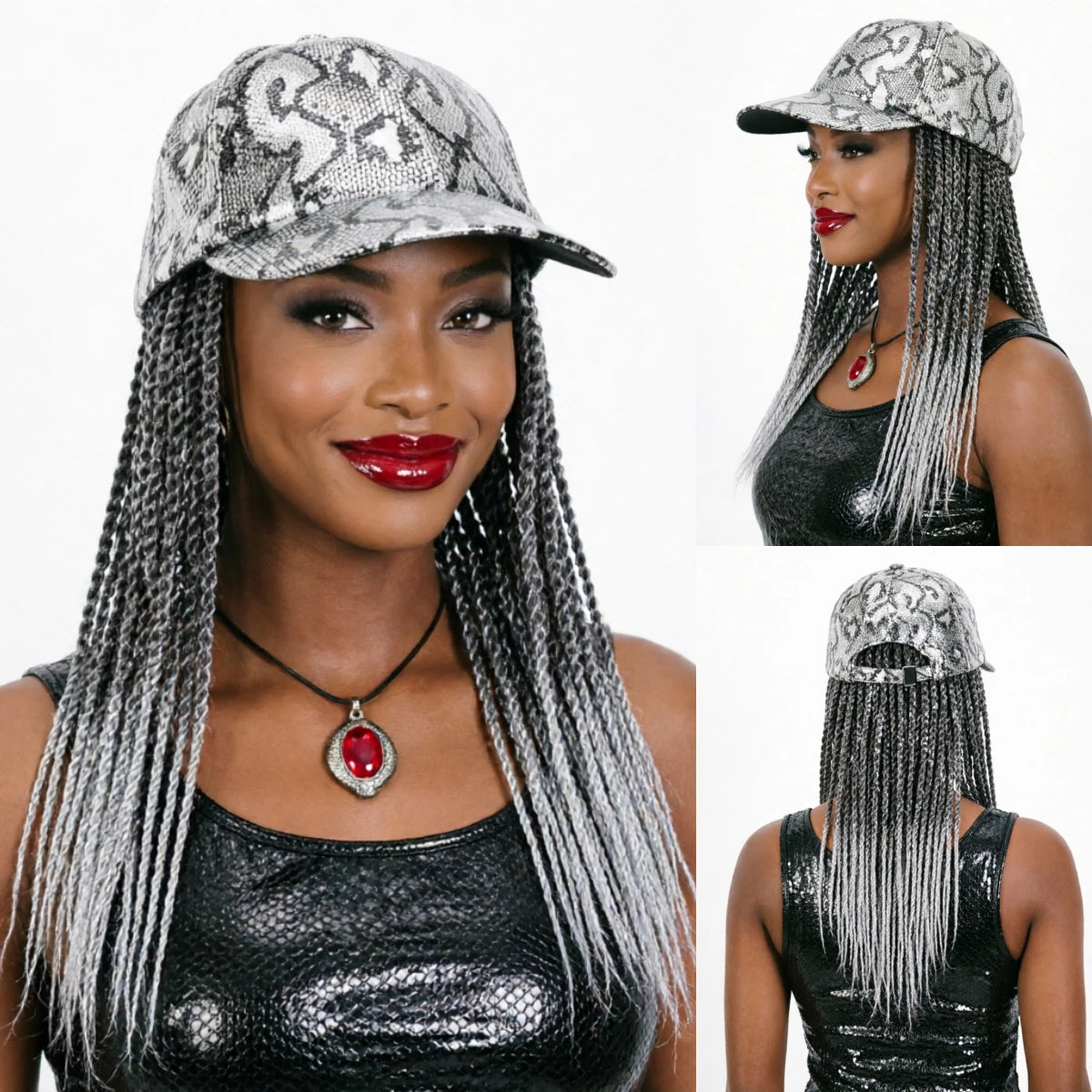 Silver Grey Snake Cap Wig Pre-looped Baseball Hat Wig Sassy Chick Logo