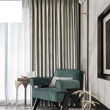 Silver jacquard luxury blackout curtains hanging in a modern living room