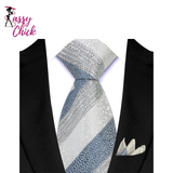 Silver Paisley Floral Stripes Neck Tie Set Handkerchief Sassy Chick Logo