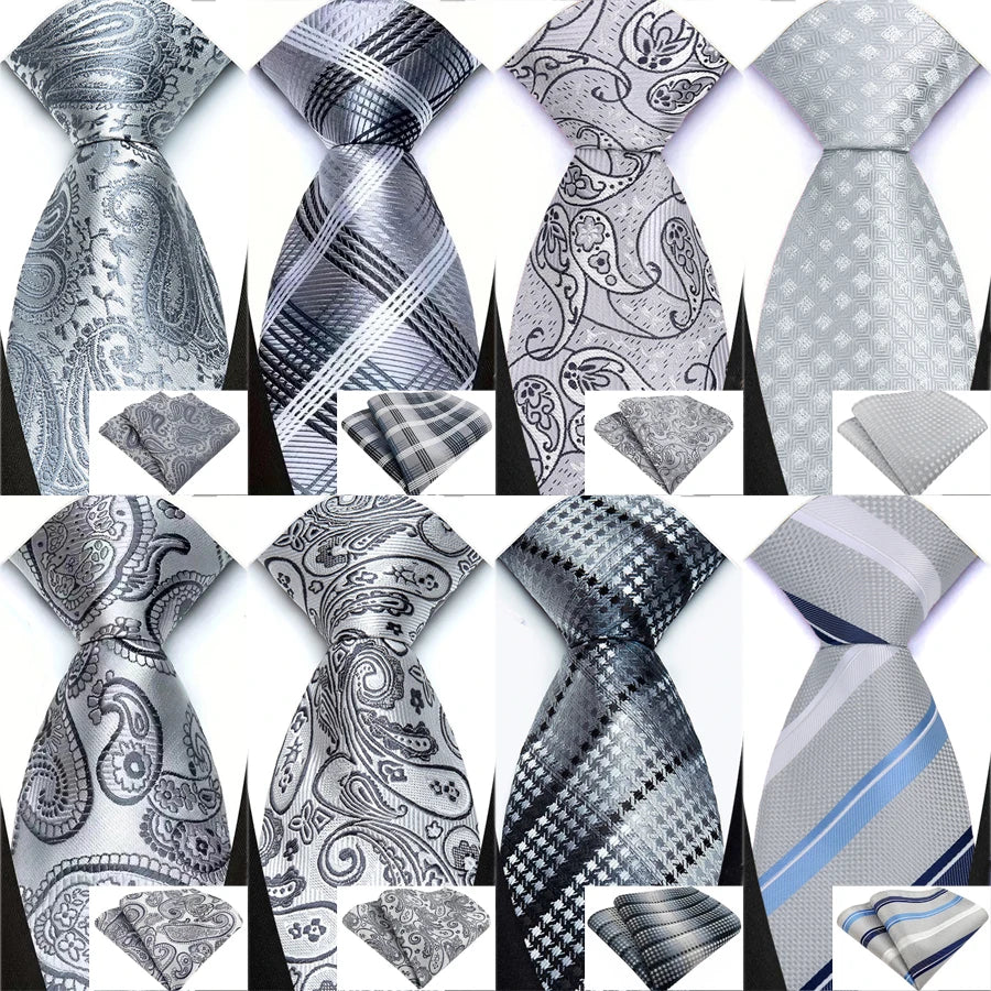 Collection of Silver Paisley Floral Stripes Neck Tie Set Handkerchief