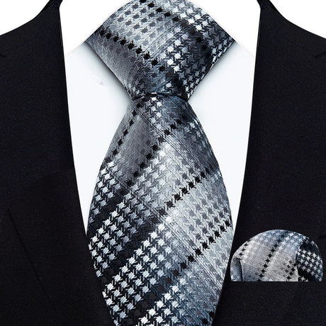 Silver Paisley Floral Stripes Neck Tie Set Handkerchief