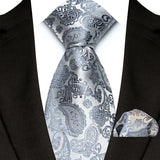 Silver Paisley Floral Stripes Neck Tie Set Handkerchief