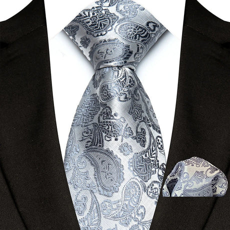 Silver Paisley Floral Stripes Neck Tie Set Handkerchief