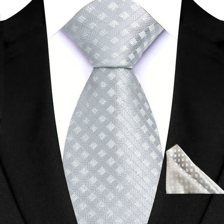 Silver Paisley Floral Stripes Neck Tie Set Handkerchief