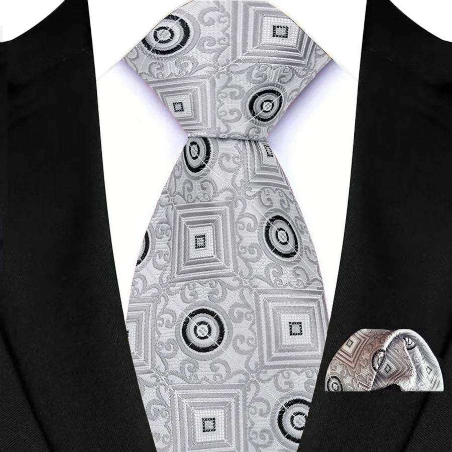 Silver Paisley Floral Stripes Neck Tie Set Handkerchief