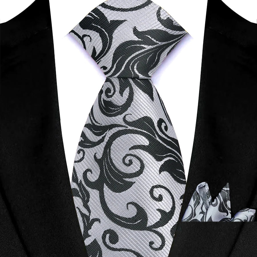 Silver Paisley Floral Stripes Neck Tie Set Handkerchief