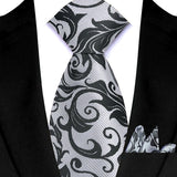 Silver Paisley Floral Stripes Neck Tie Set Handkerchief