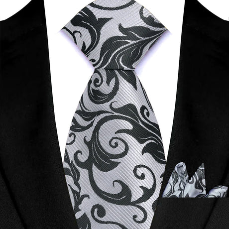 Silver Paisley Floral Stripes Neck Tie Set Handkerchief