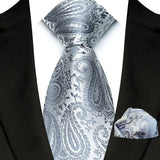 Silver Paisley Floral Stripes Neck Tie Set Handkerchief