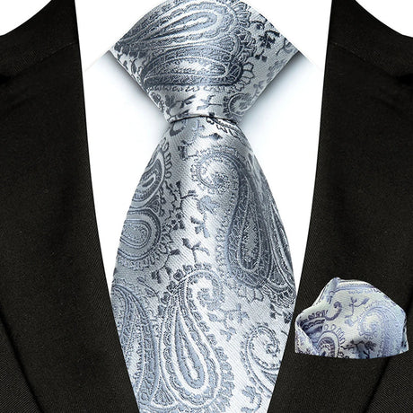 Silver Paisley Floral Stripes Neck Tie Set Handkerchief