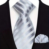 Silver Paisley Floral Stripes Neck Tie Set Handkerchief
