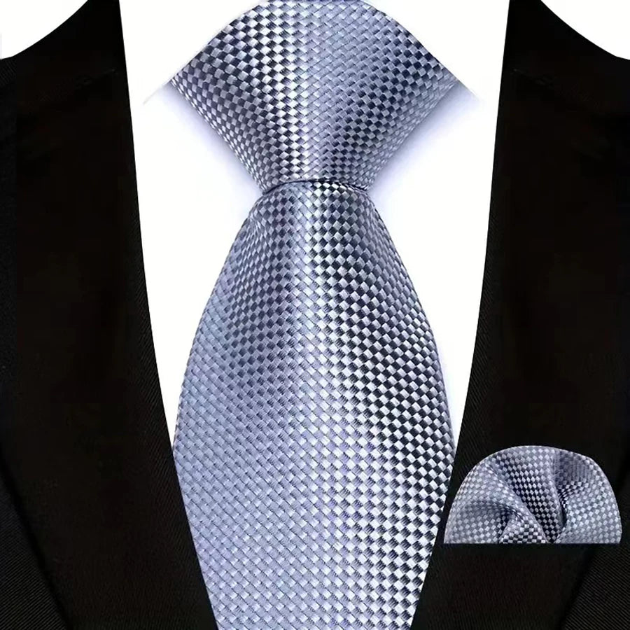 Silver Paisley Floral Stripes Neck Tie Set Handkerchief
