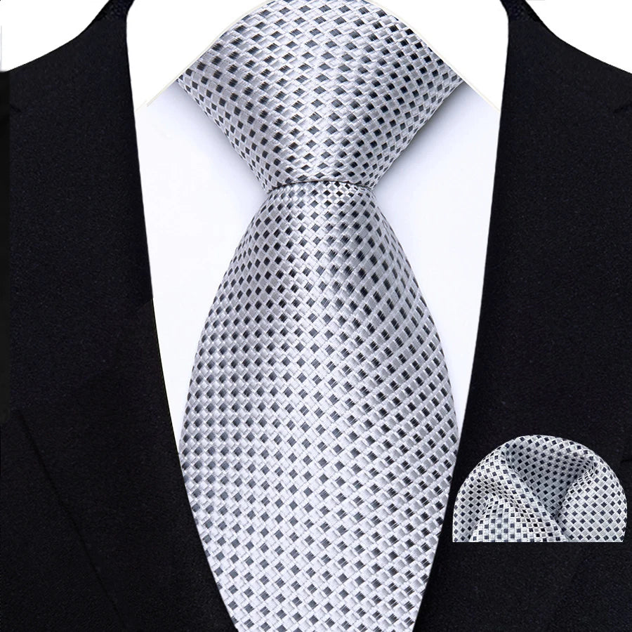 Silver Paisley Floral Stripes Neck Tie Set Handkerchief