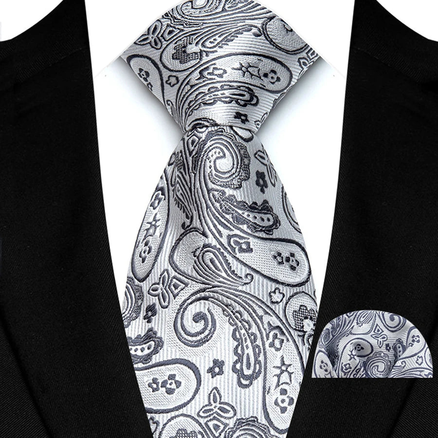 Silver Paisley Floral Stripes Neck Tie Set Handkerchief