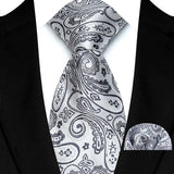 Silver Paisley Floral Stripes Neck Tie Set Handkerchief