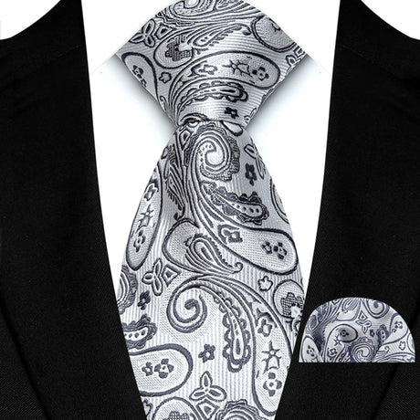 Silver Paisley Floral Stripes Neck Tie Set Handkerchief