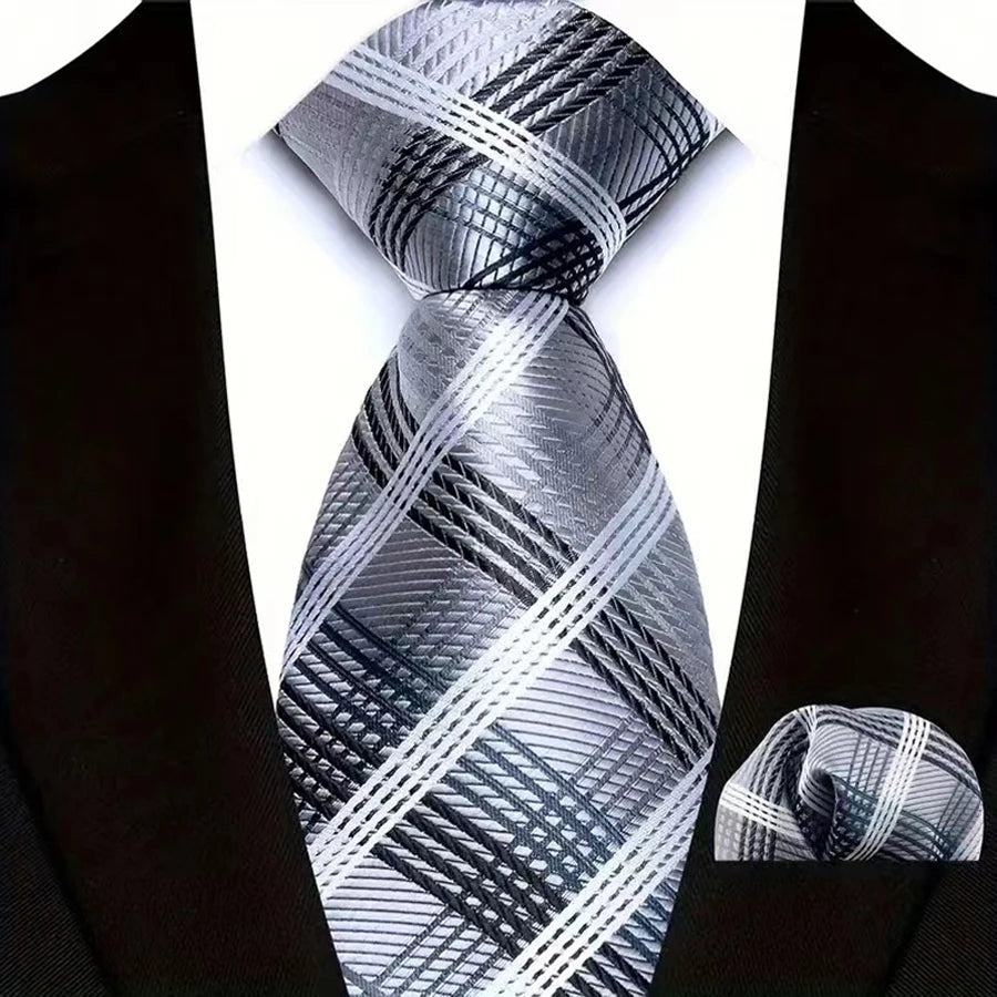 Silver Paisley Floral Stripes Neck Tie Set Handkerchief