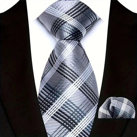 Silver Paisley Floral Stripes Neck Tie Set Handkerchief