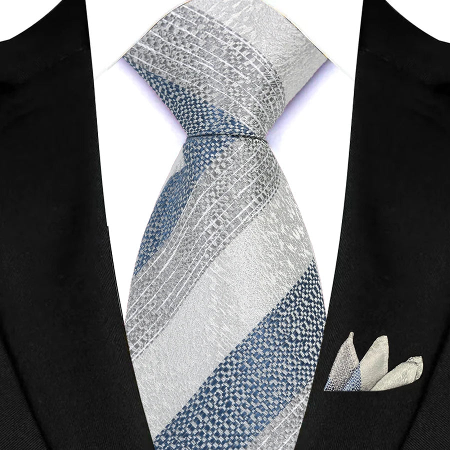 Silver Paisley Floral Stripes Neck Tie Set Handkerchief
