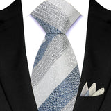 Silver Paisley Floral Stripes Neck Tie Set Handkerchief