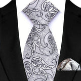 Silver Paisley Floral Stripes Neck Tie Set Handkerchief