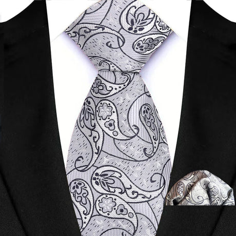 Silver Paisley Floral Stripes Neck Tie Set Handkerchief