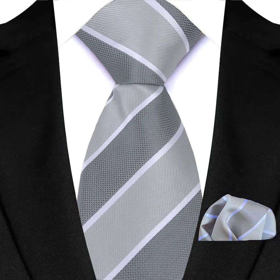 Silver Paisley Floral Stripes Neck Tie Set Handkerchief