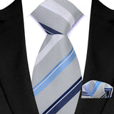 Silver Paisley Floral Stripes Neck Tie Set Handkerchief
