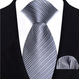 Silver Paisley Floral Stripes Neck Tie Set Handkerchief