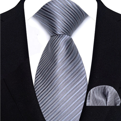 Silver Paisley Floral Stripes Neck Tie Set Handkerchief