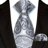 Silver Paisley Floral Stripes Neck Tie Set Handkerchief