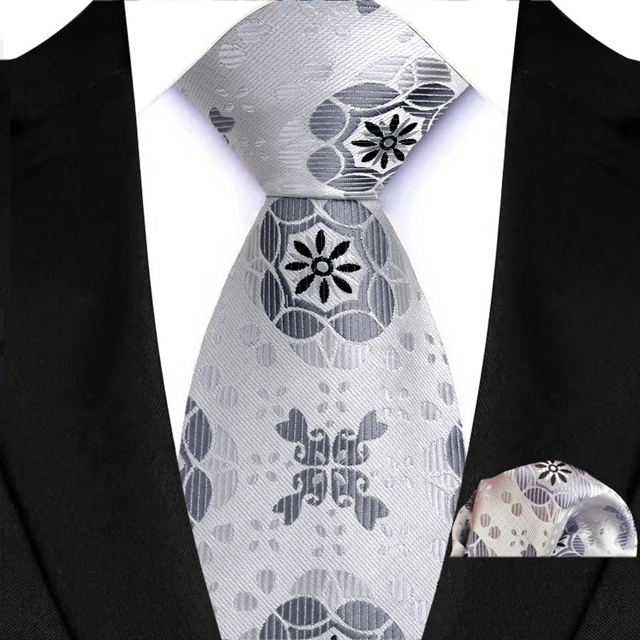 Silver Paisley Floral Stripes Neck Tie Set Handkerchief