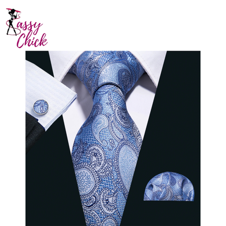 Sky Blue Hanky Cufflinks Set Jacquard Cyan Teal Sassy Chick Logo