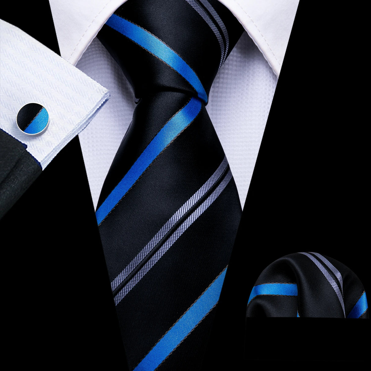 Sky Blue Hanky Cufflinks Set Jacquard Cyan Teal