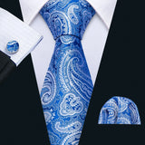 Sky Blue Hanky Cufflinks Set Jacquard Cyan Teal