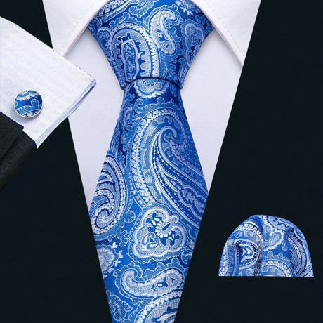 Sky Blue Hanky Cufflinks Set Jacquard Cyan Teal
