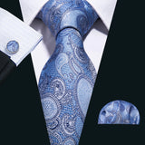 Sky Blue Hanky Cufflinks Set Jacquard Cyan Teal