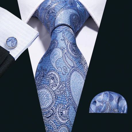 Sky Blue Hanky Cufflinks Set Jacquard Cyan Teal