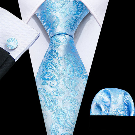 Sky Blue Hanky Cufflinks Set Jacquard Cyan Teal