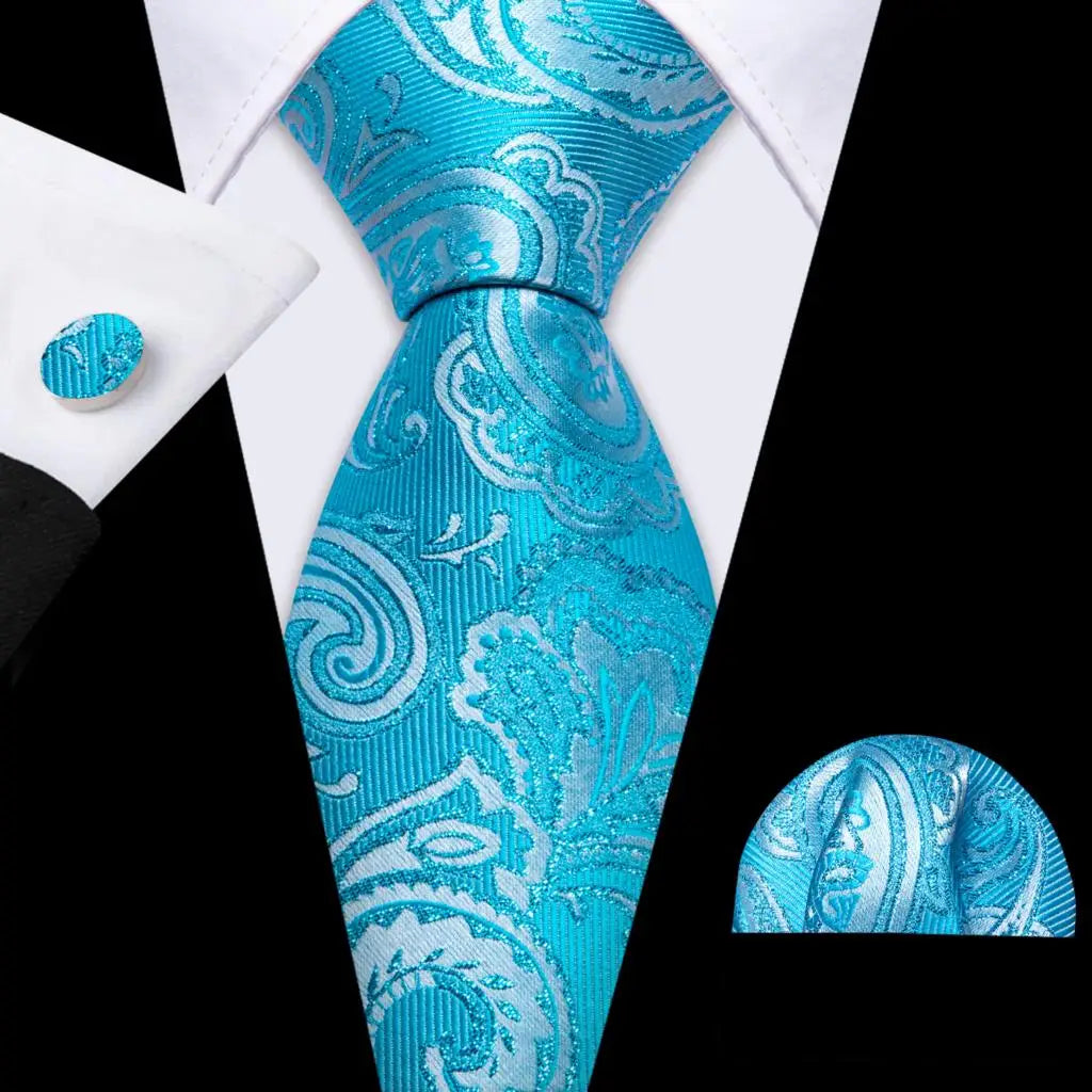 Sky Blue Hanky Cufflinks Set Jacquard Cyan Teal
