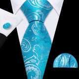 Sky Blue Hanky Cufflinks Set Jacquard Cyan Teal