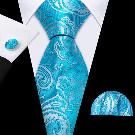 Sky Blue Hanky Cufflinks Set Jacquard Cyan Teal