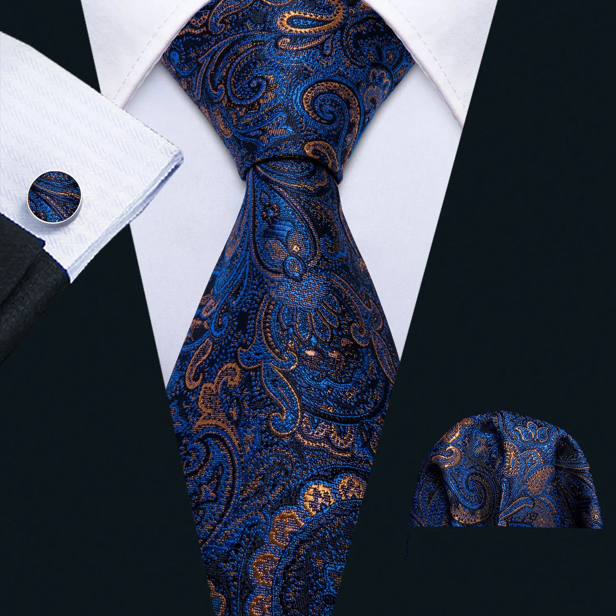 Sky Blue Hanky Cufflinks Set Jacquard Cyan Teal