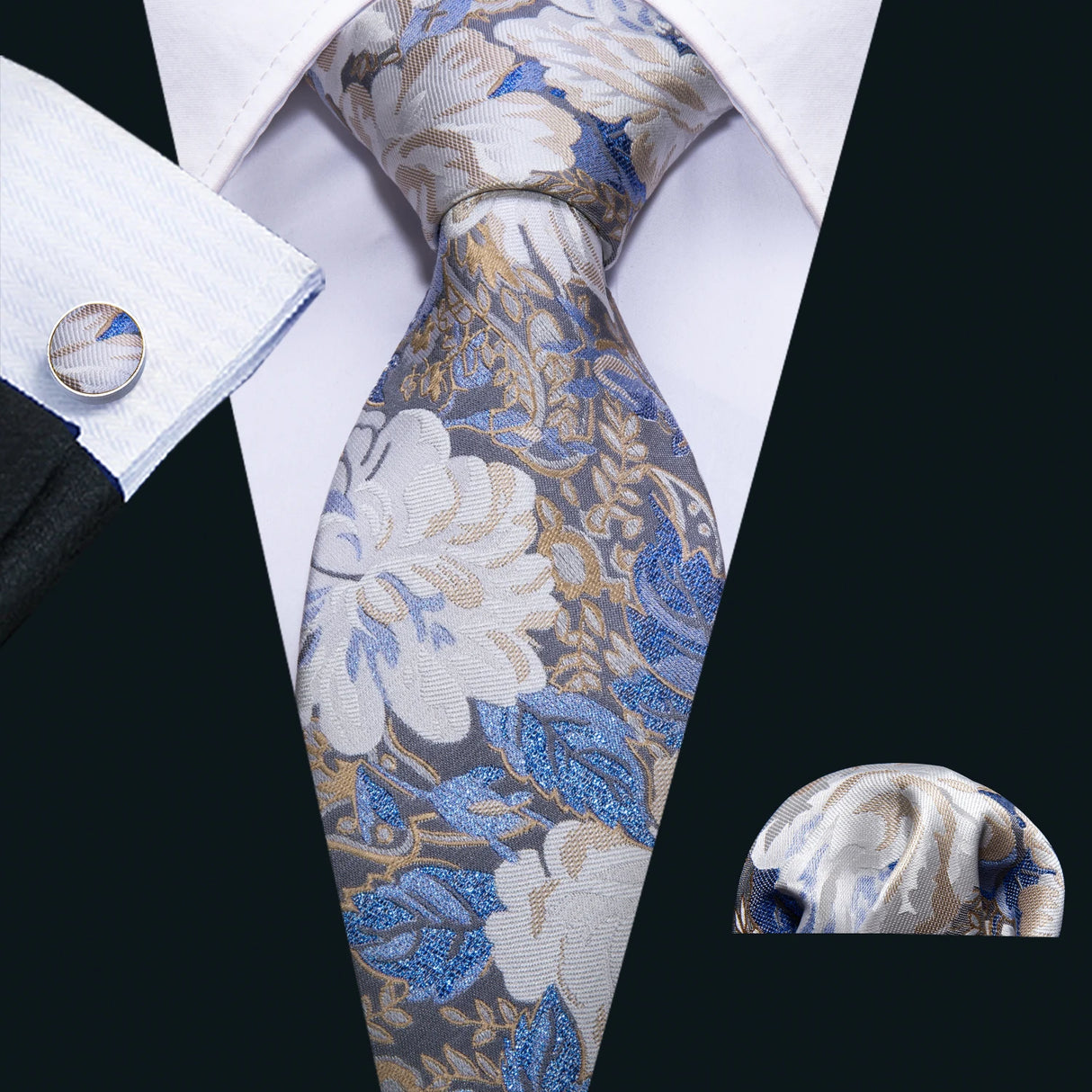 gold blue grey white flower pattern necktie set