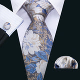 gold blue grey white flower pattern necktie set